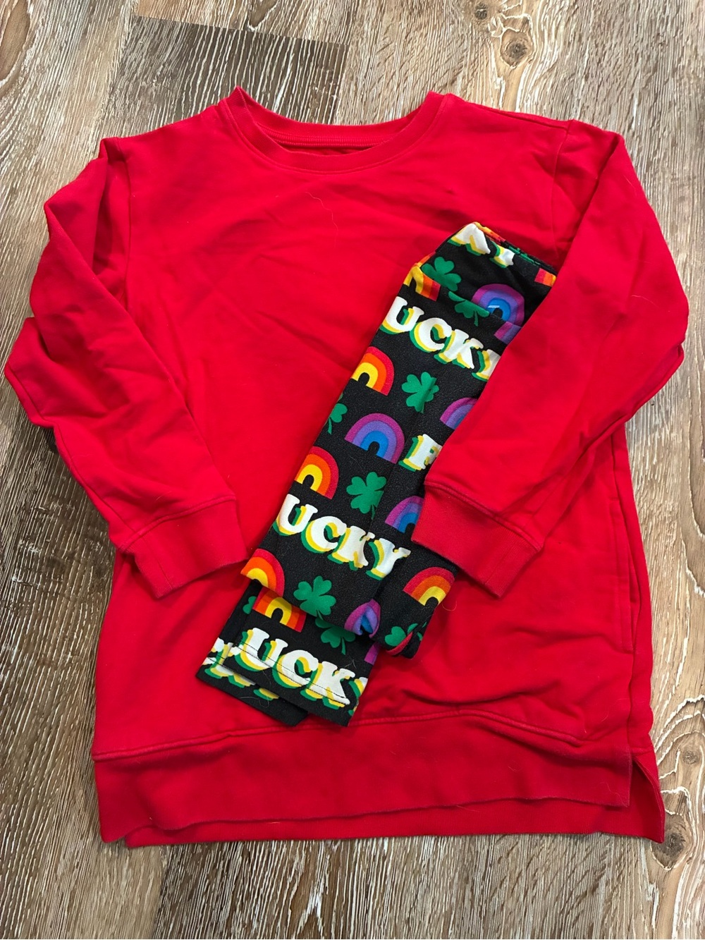 Primary Red Sweatshirt with Black 'Lucky' Rainbow & Shamrock Leggings
